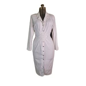 Vintage 80s All That Jazz Midi Dress Tailored White Ruched Waist Button‎ Up XS/S